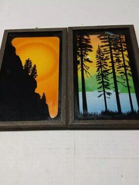 LuLu's Vintage Reverse Painted Glass Silhouette Wall Art Trees Mountain Lake